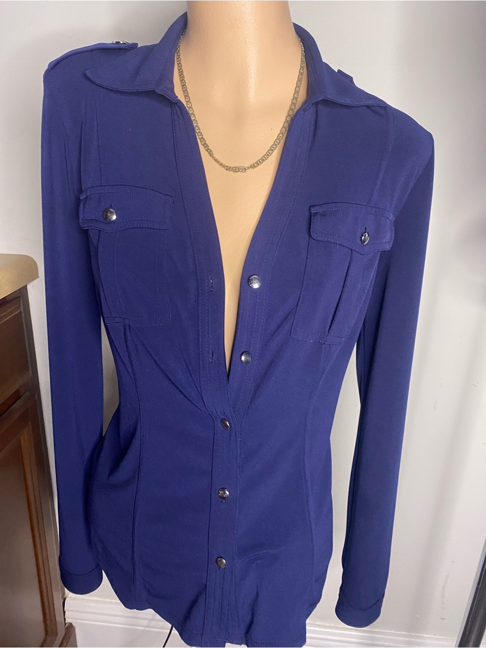 Cach’e Women's Deep Blue Button-Front Utility Shirt - Classic Long Sleeve